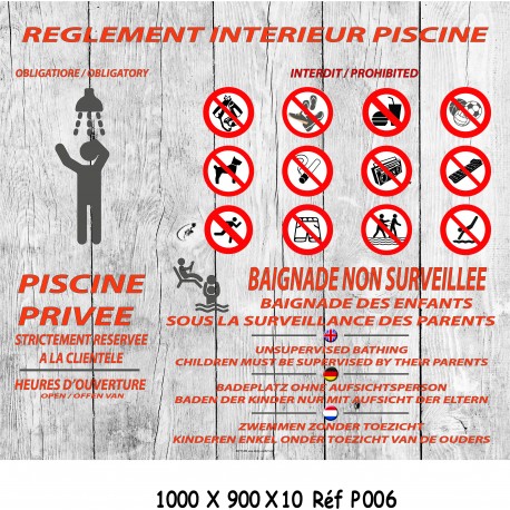 PANNEAU RÈGLEMENT INTÉRIEUR PISCINE 4L  - 1000 X 900 X 10
