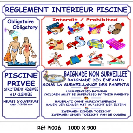 PANNEAU RÈGLEMENT INTÉRIEUR PISCINE MAILLOT 4L  - 1000 X 900 X 10