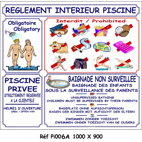 PANNEAU RÈGLEMENT INTÉRIEUR PISCINE NU 4L  - 1000 X 900 X 10